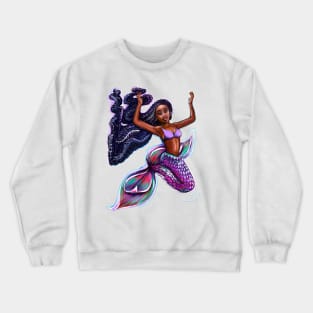 mermaid with flowing braids 4, brown eyes curly Afro hair and caramel brown skin. Black mermaid Crewneck Sweatshirt